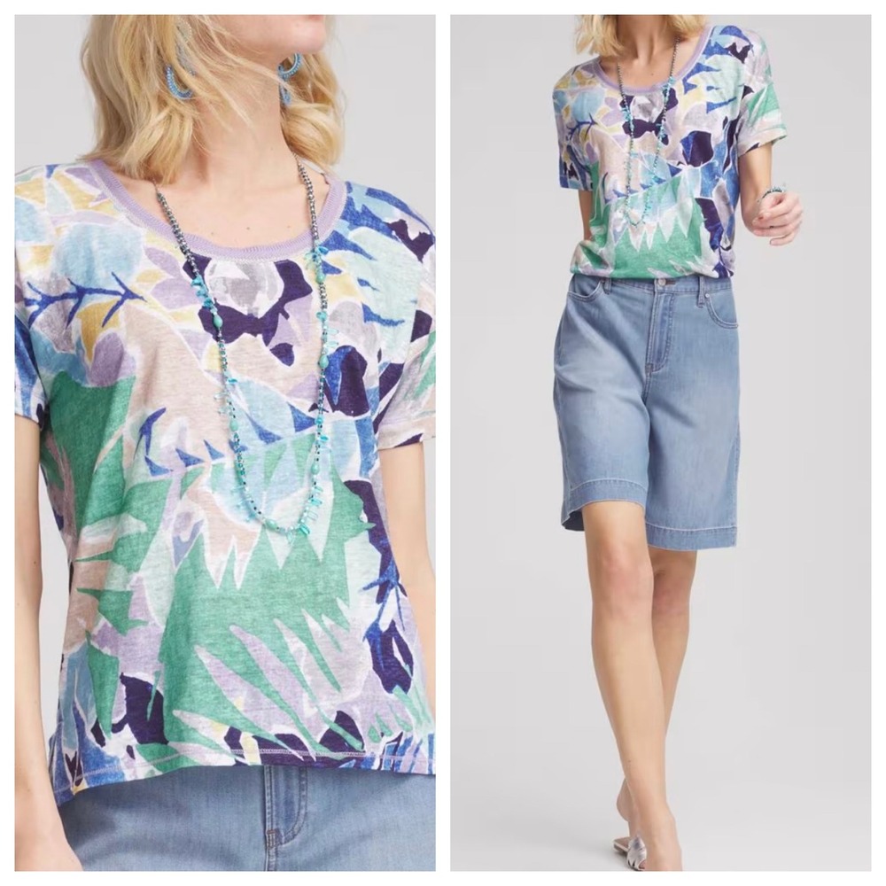 Chico's Tropical Nights Linen Tee Sweater‎ Trim Sz L 2 Breezy Beach Botanical